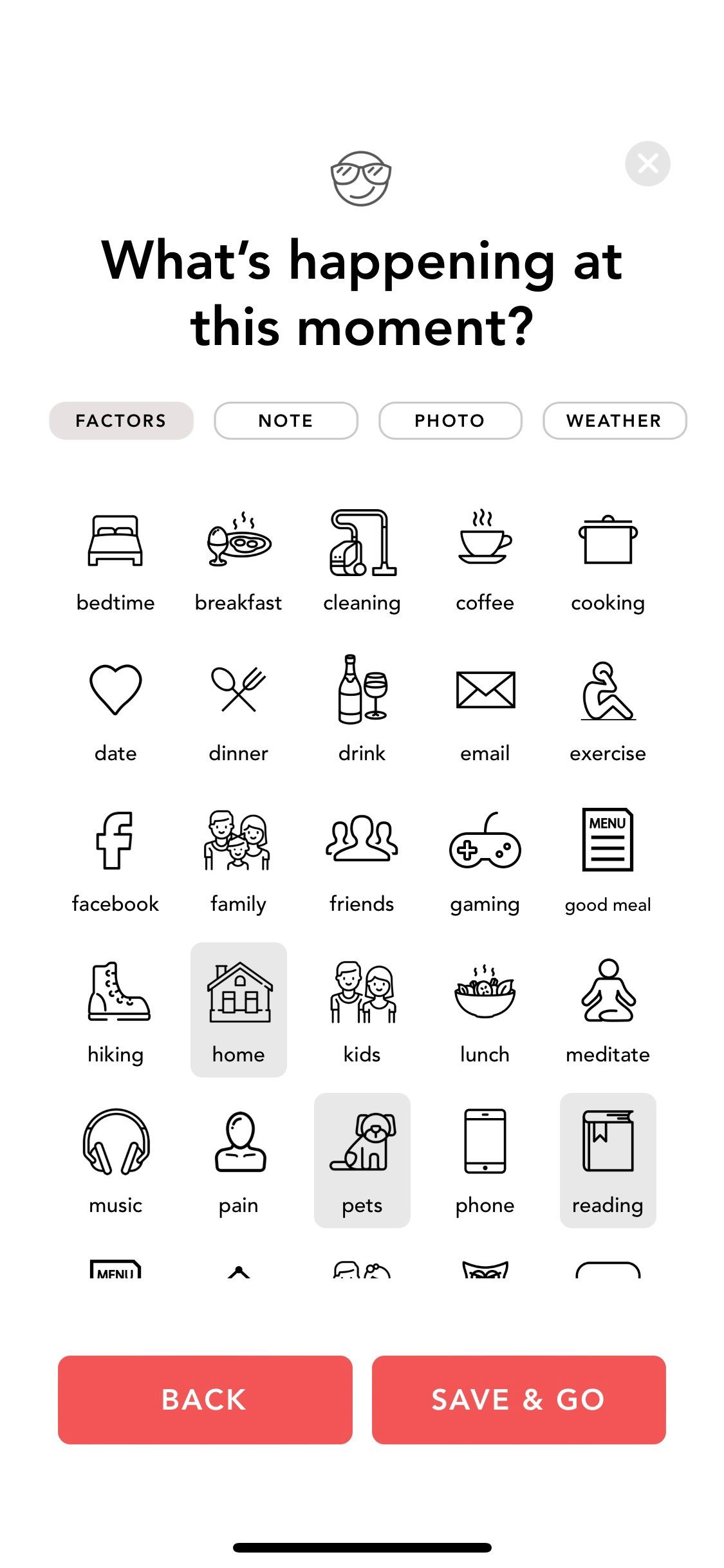 Screenshot of Moody app showing factors that affect mood