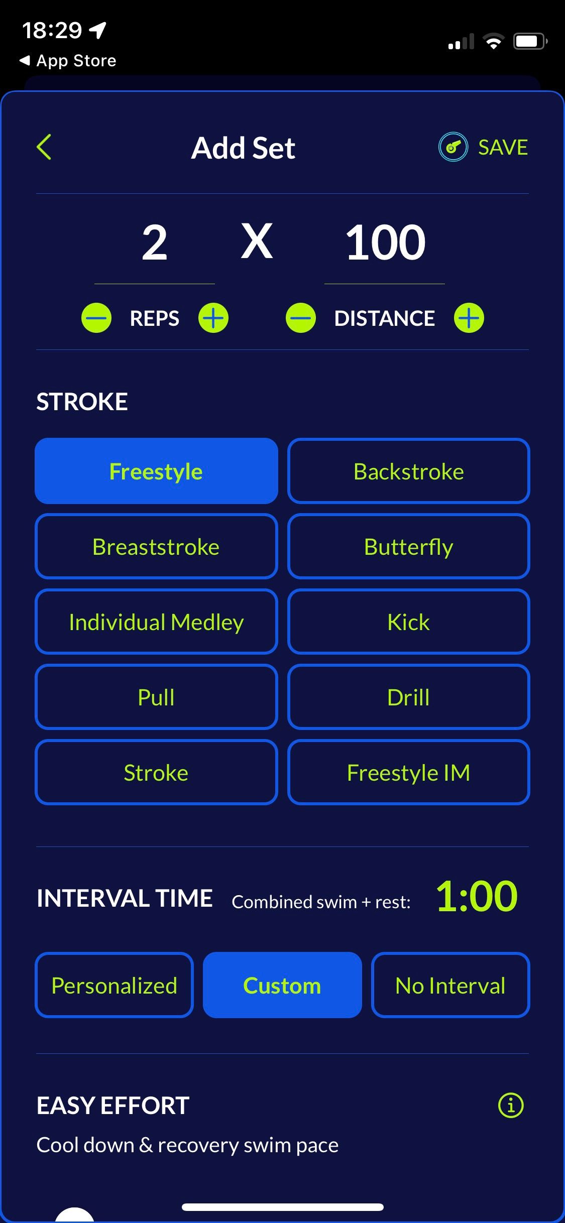 Screenshot of My Swim Pro app showing activity setting screen