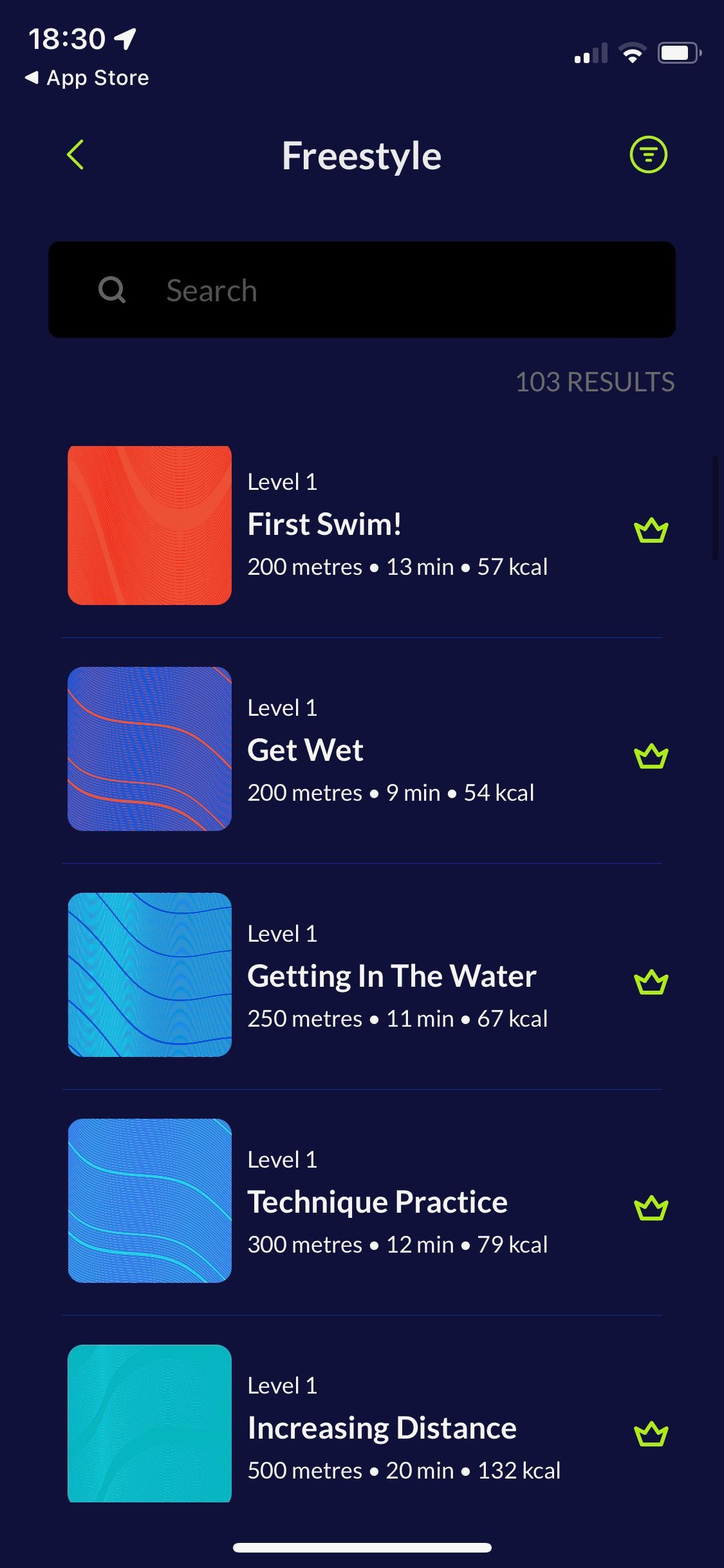 Screenshot of My Swim Pro app showing sample training program