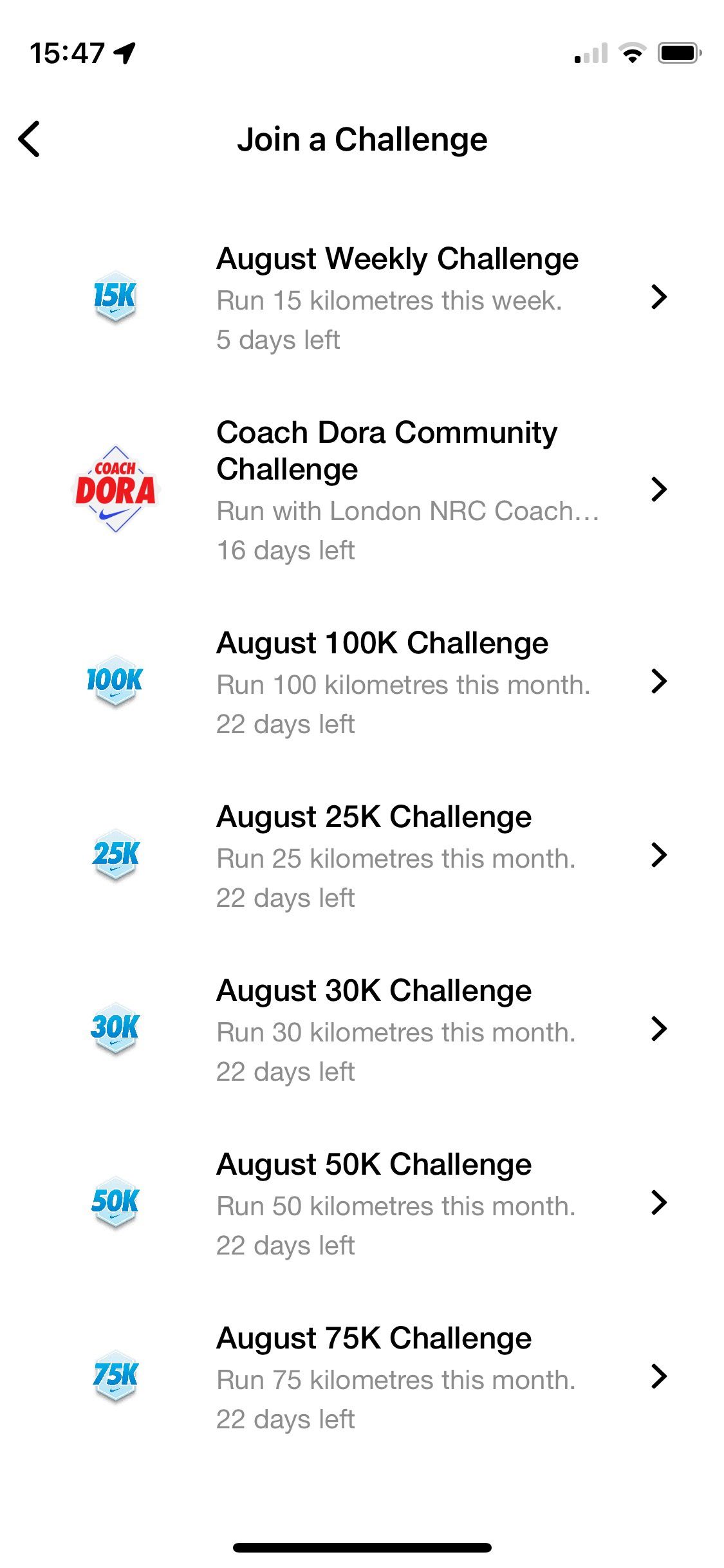 Screenshot of Nike run Club app showing community challenge screens