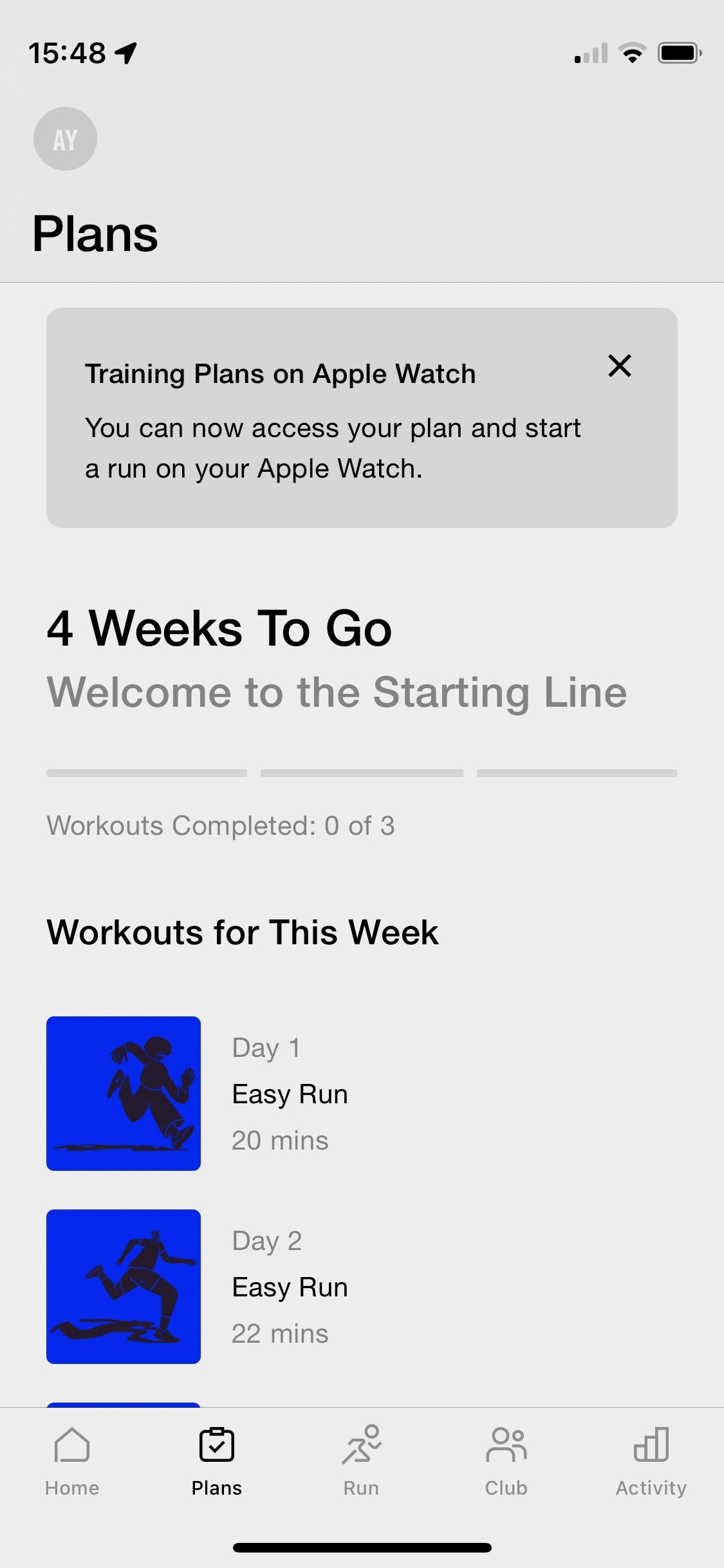 Screenshot of Nike run Club app showing personal running plan