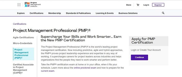 Screenshot of PMP page from PMI website