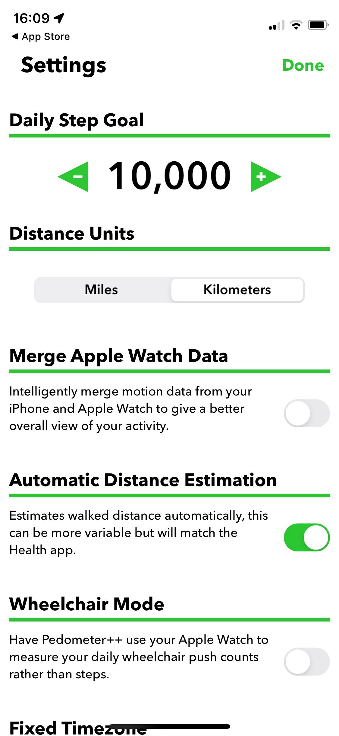 Screenshot of Pedometer plus plus app showing goal setting screen