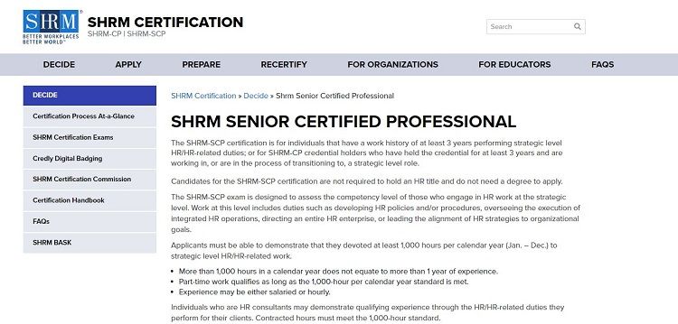 Screenshot of SHRM certification for Senion Certified Professional page