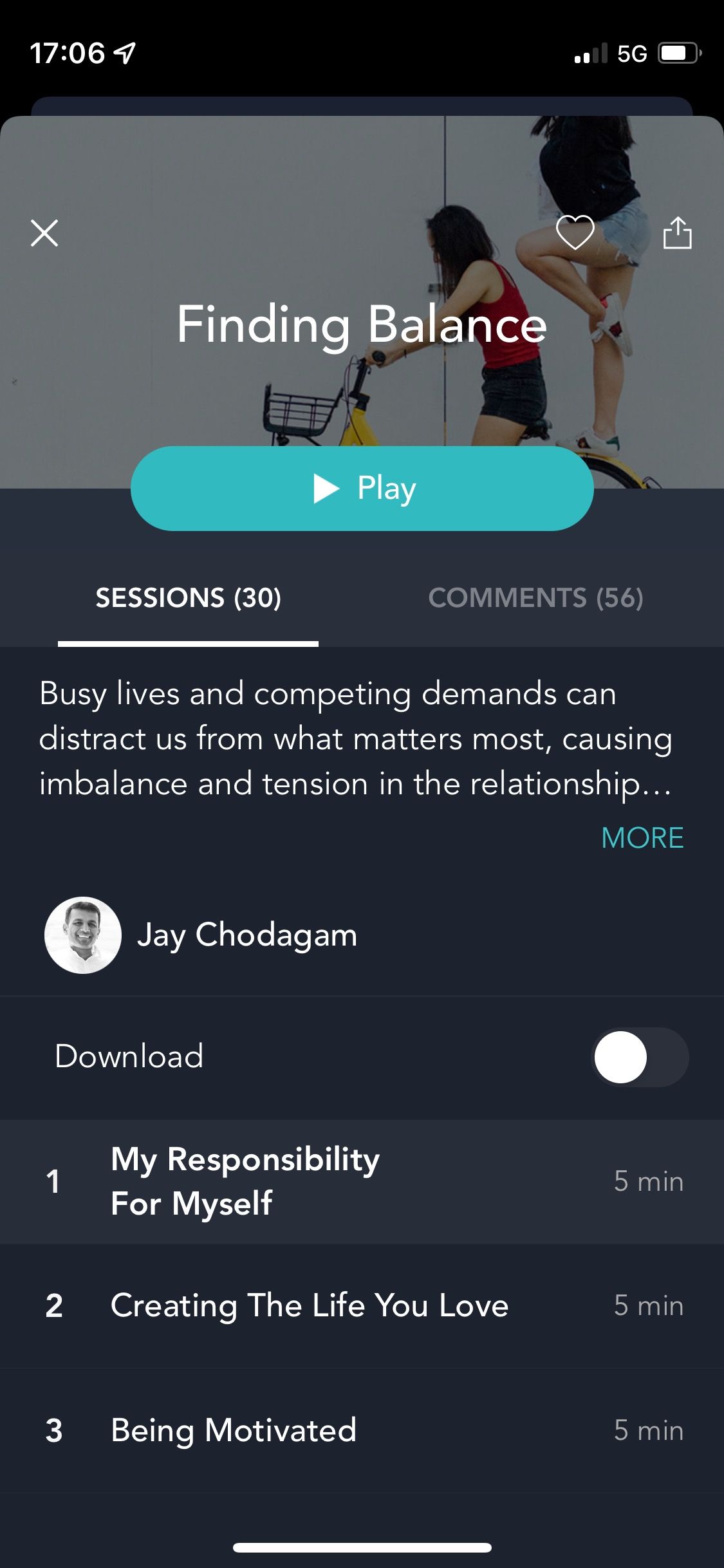 Screenshot of Simple Habit app showing Finding balance category