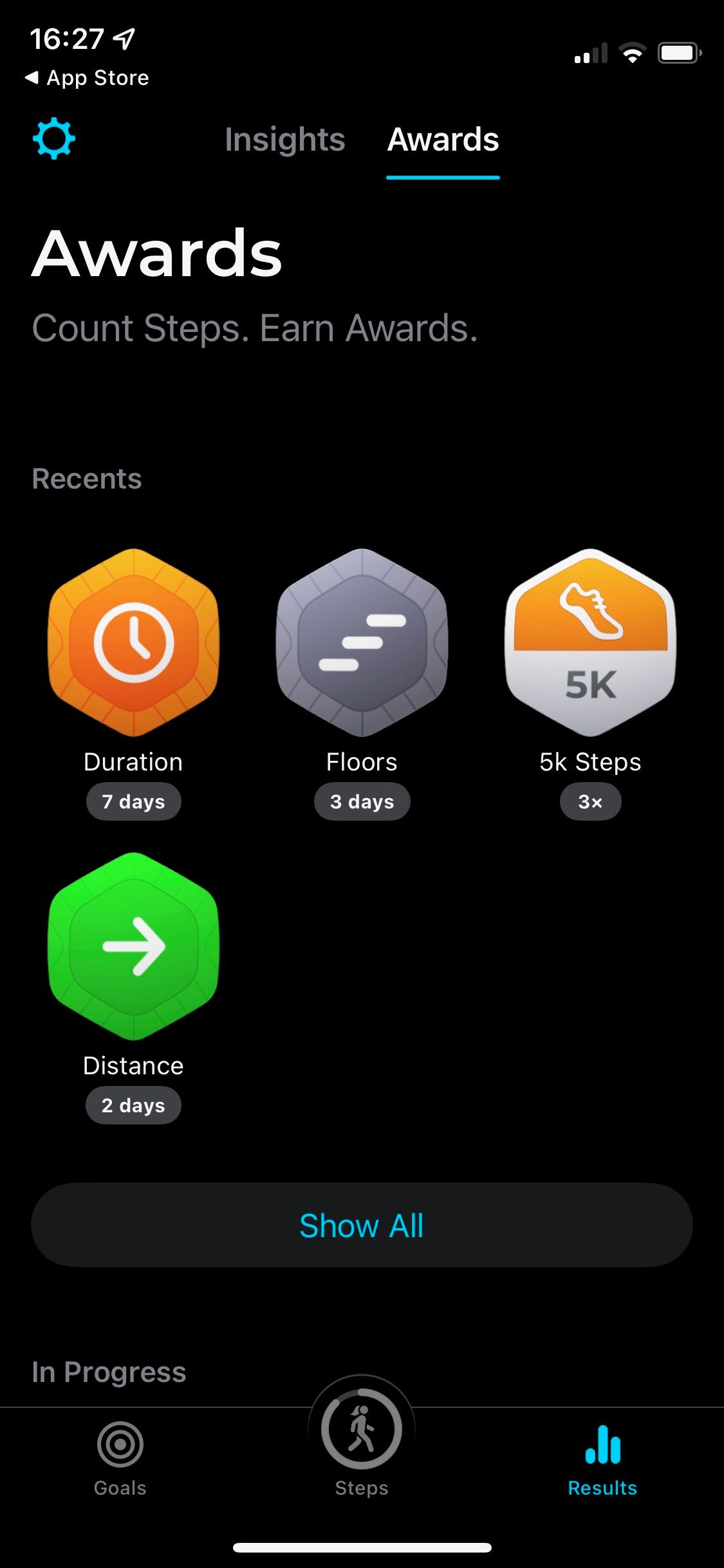 Screenshot of StepsApp showing awards and challenges