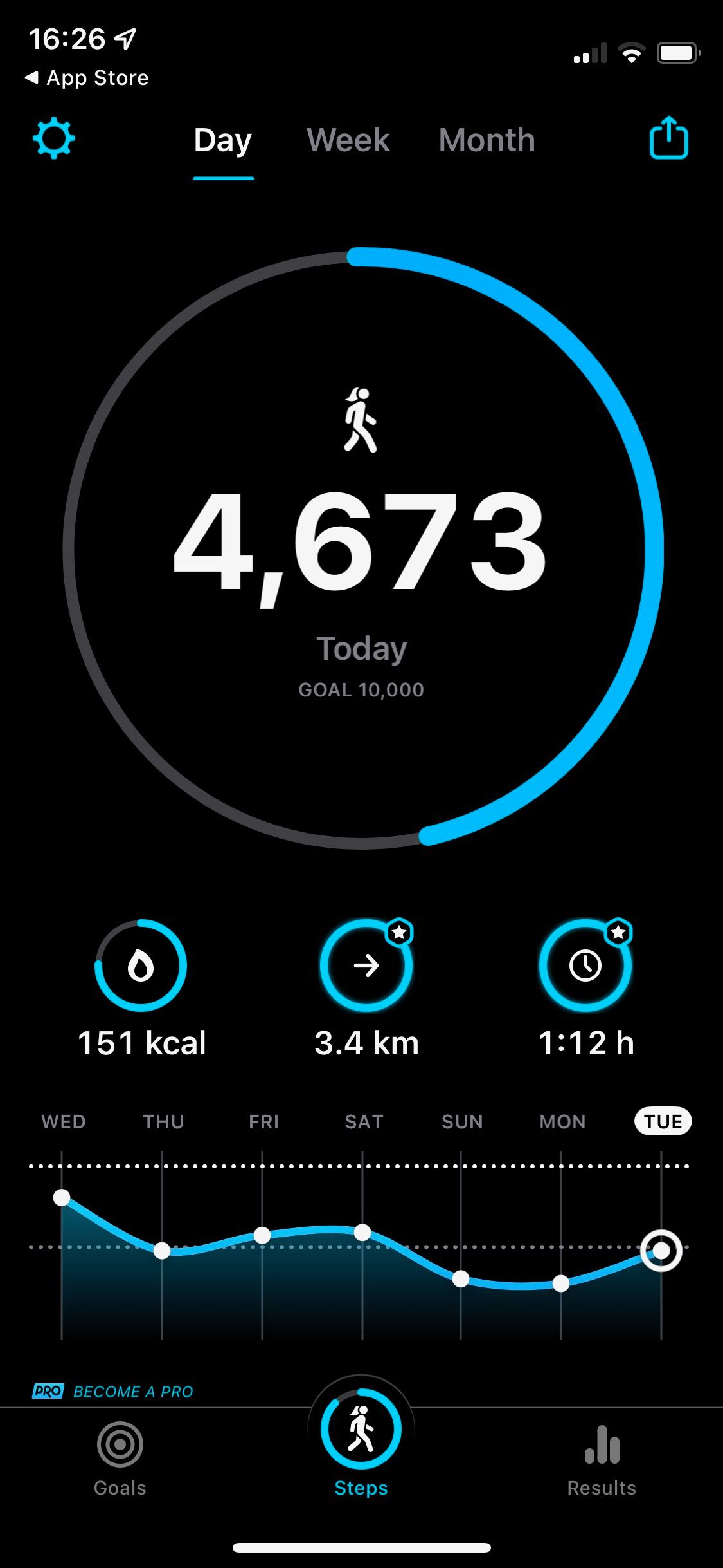 Screenshot of StepsApp showing daily activity recording screen