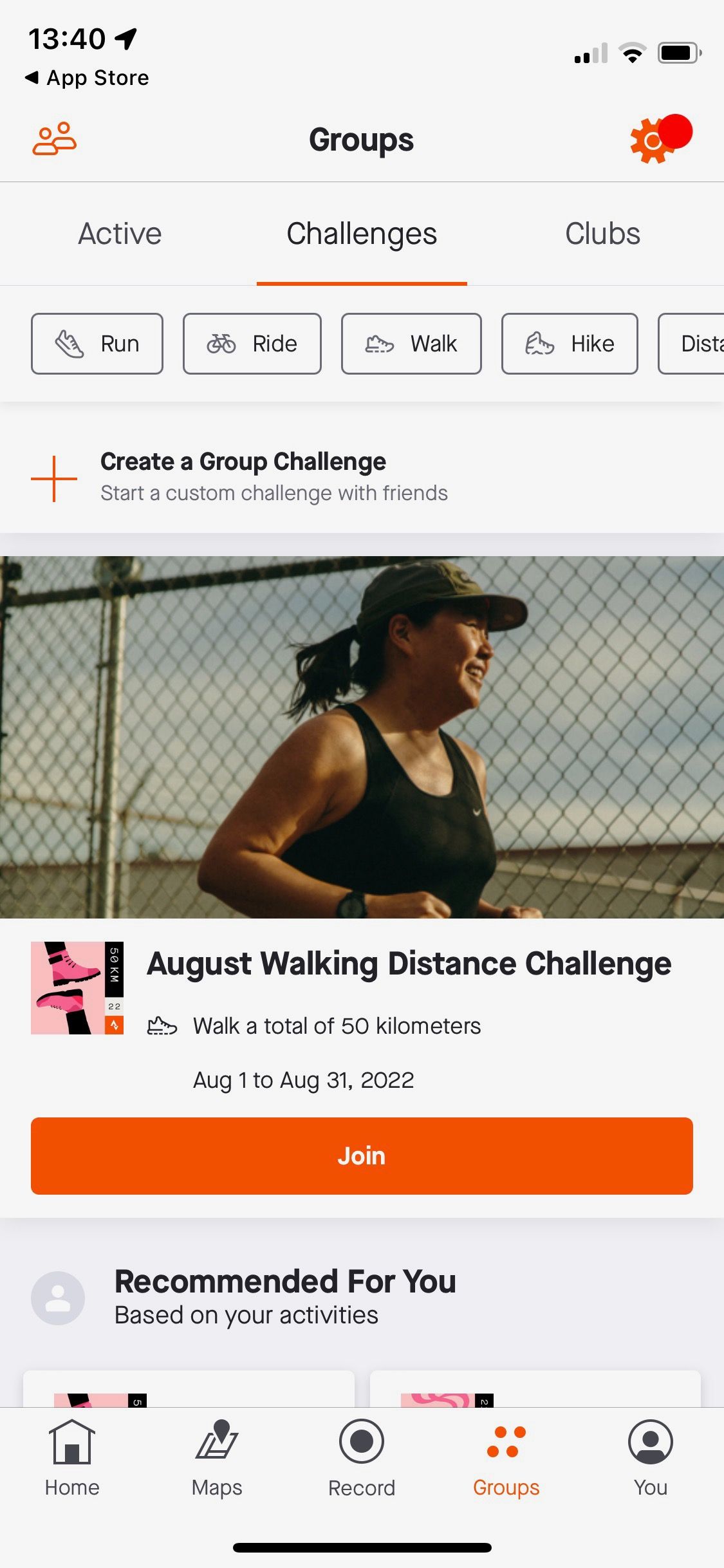 Screenshot of Strava app showing sample exercise challenge