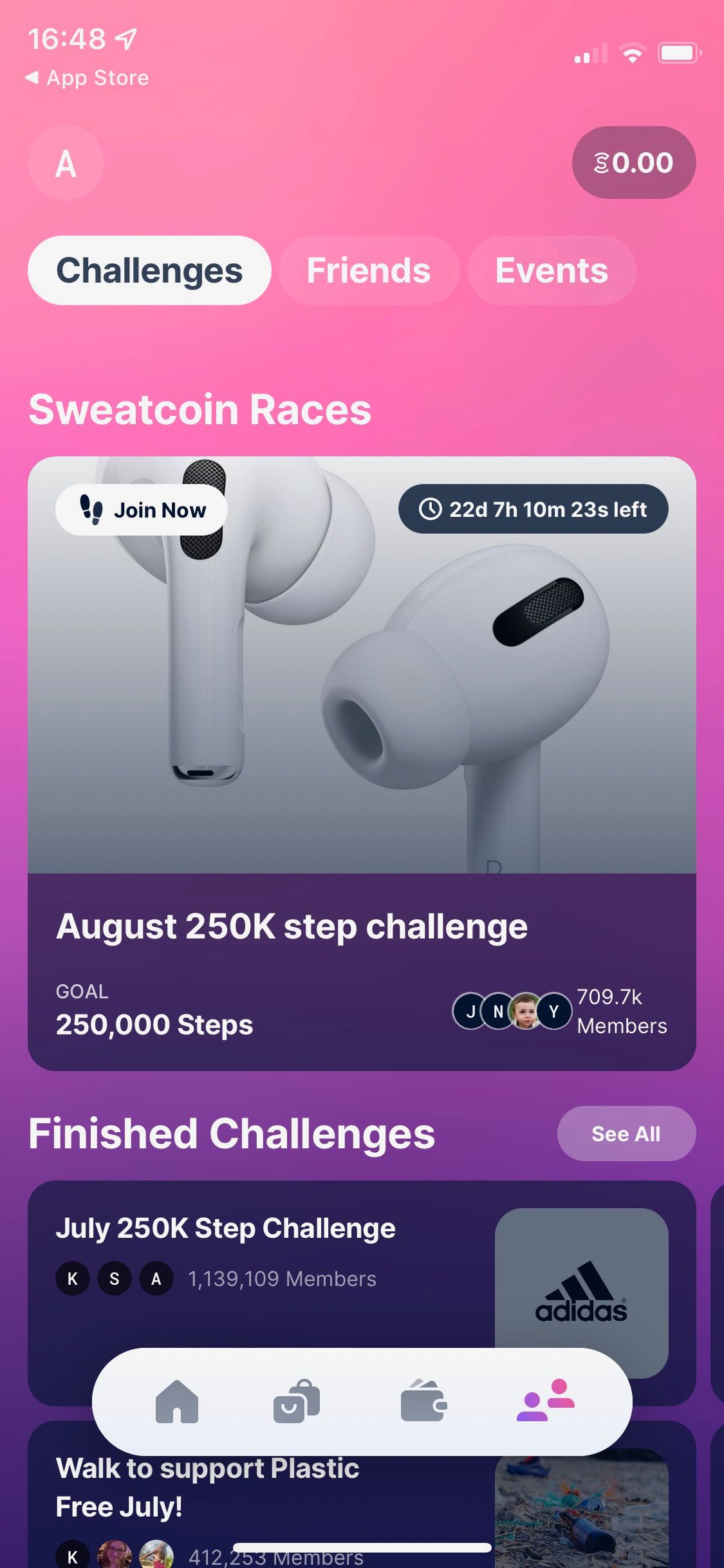 Screenshot of Sweatcoin app showing activity challenges screen