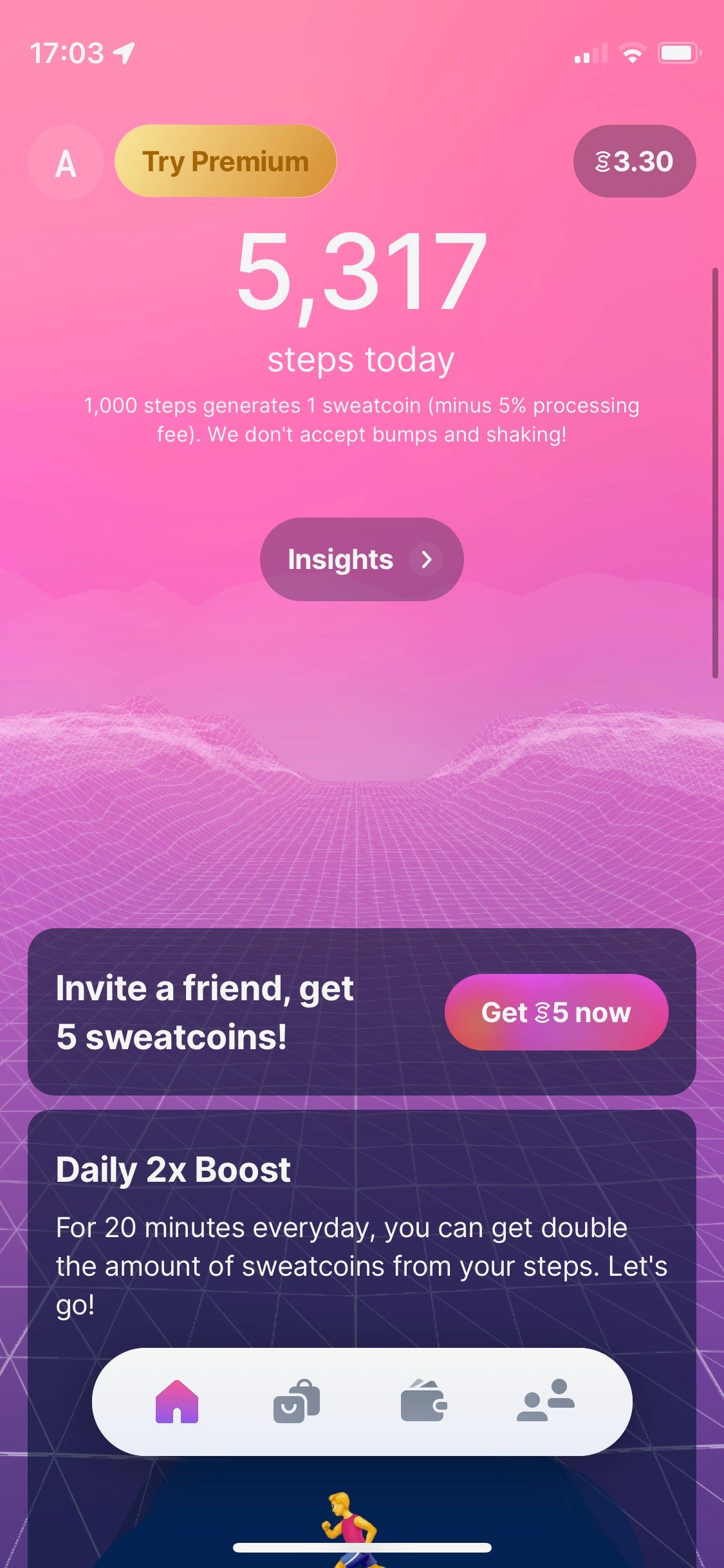 Screenshot of Sweatcoin app showing activity recording