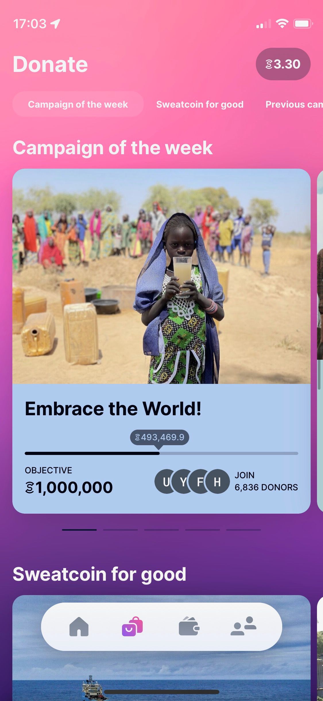 Screenshot of Sweatcoin app showing donation screen