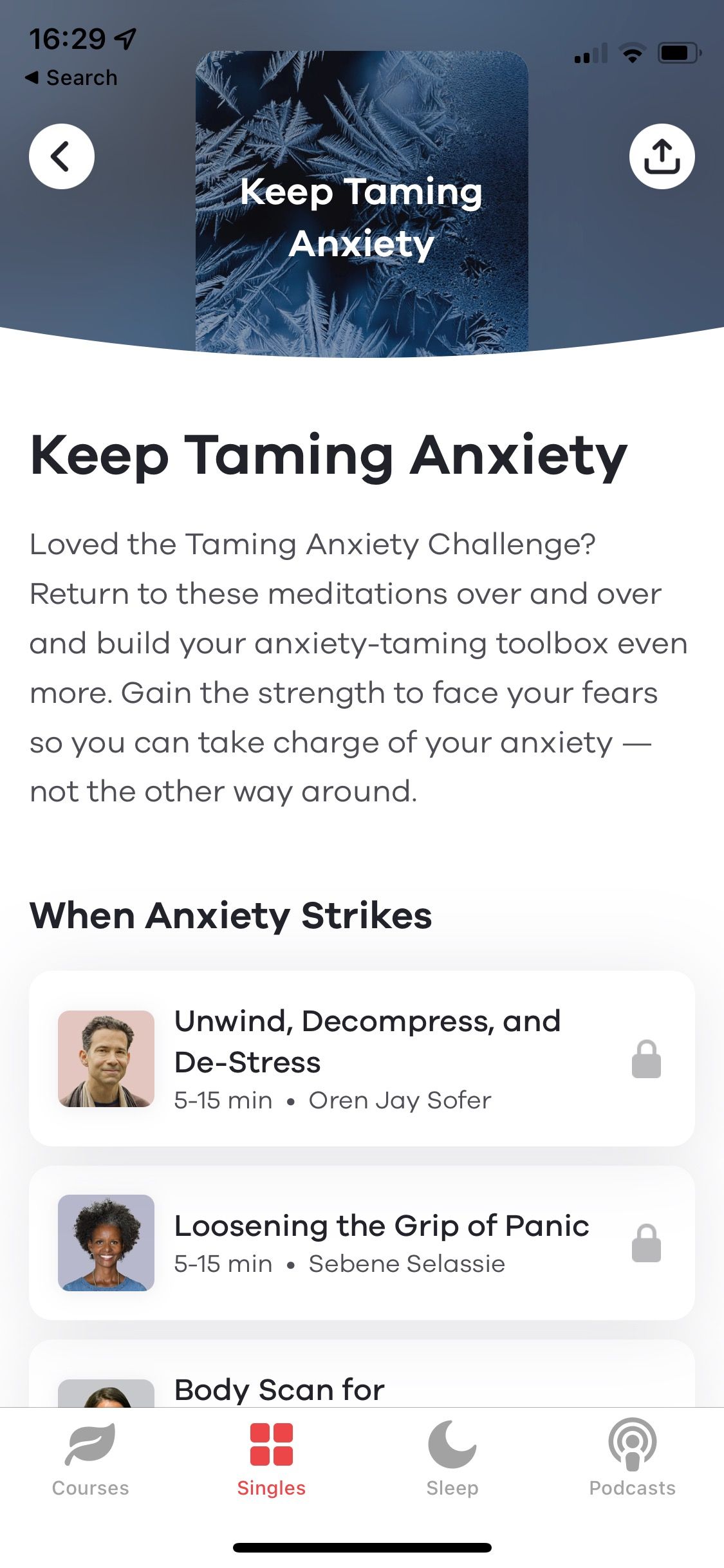 Screenshot of Ten Percent app showing anxiety taming meditations