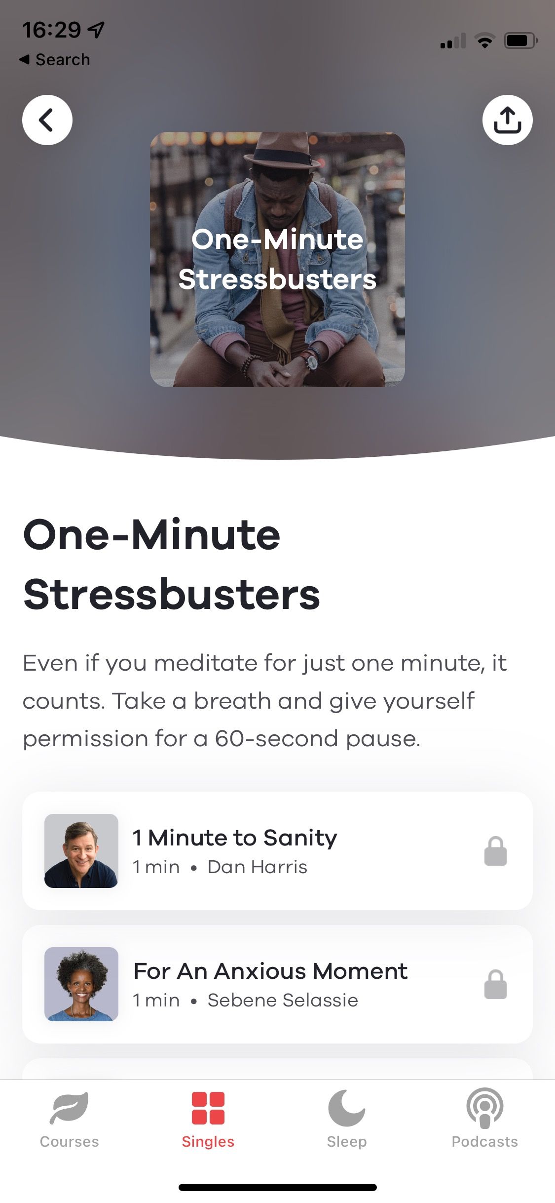 Screenshot of Ten Percent app showing one minute stressbusters