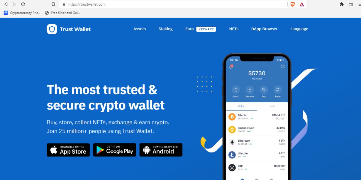 Screenshot of Trust wallet web homepage