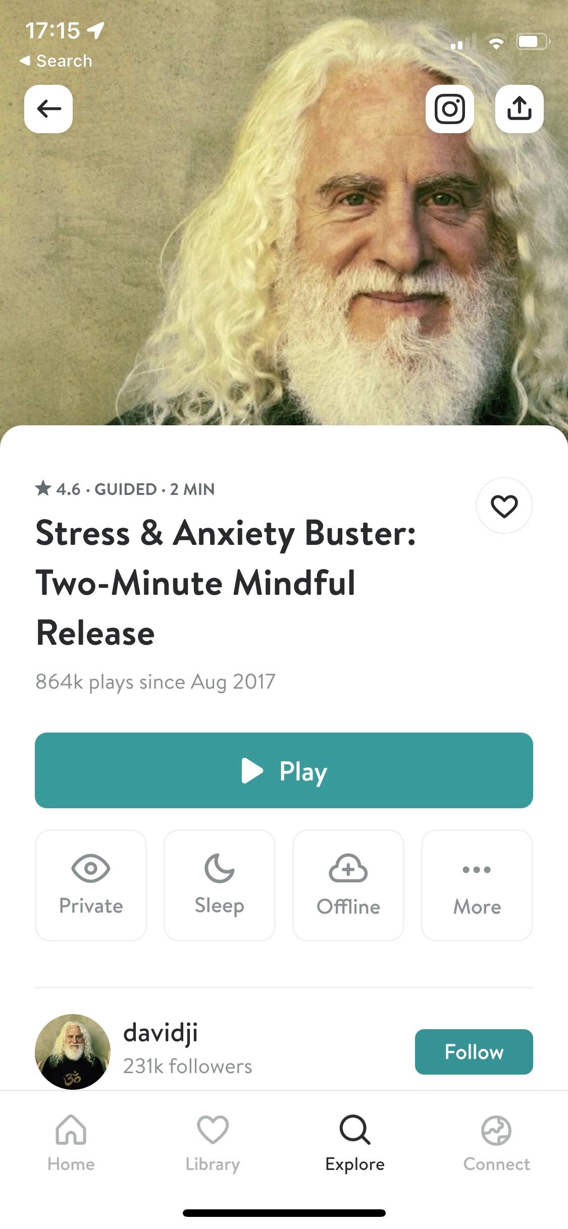 Screenshot of Insight Timer app showing Stress and anxiety buster 2