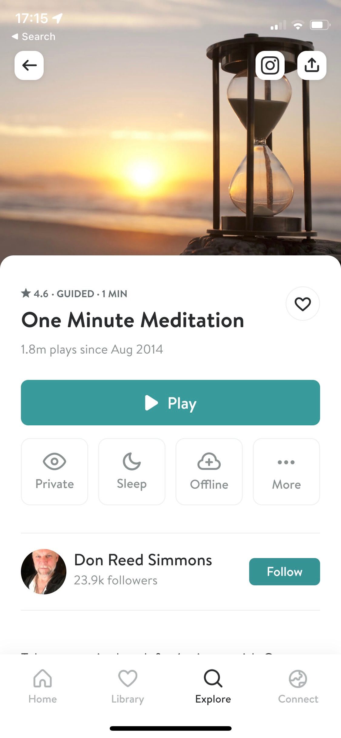 Screenshot of Insight Timer app showing one minute meditation 1