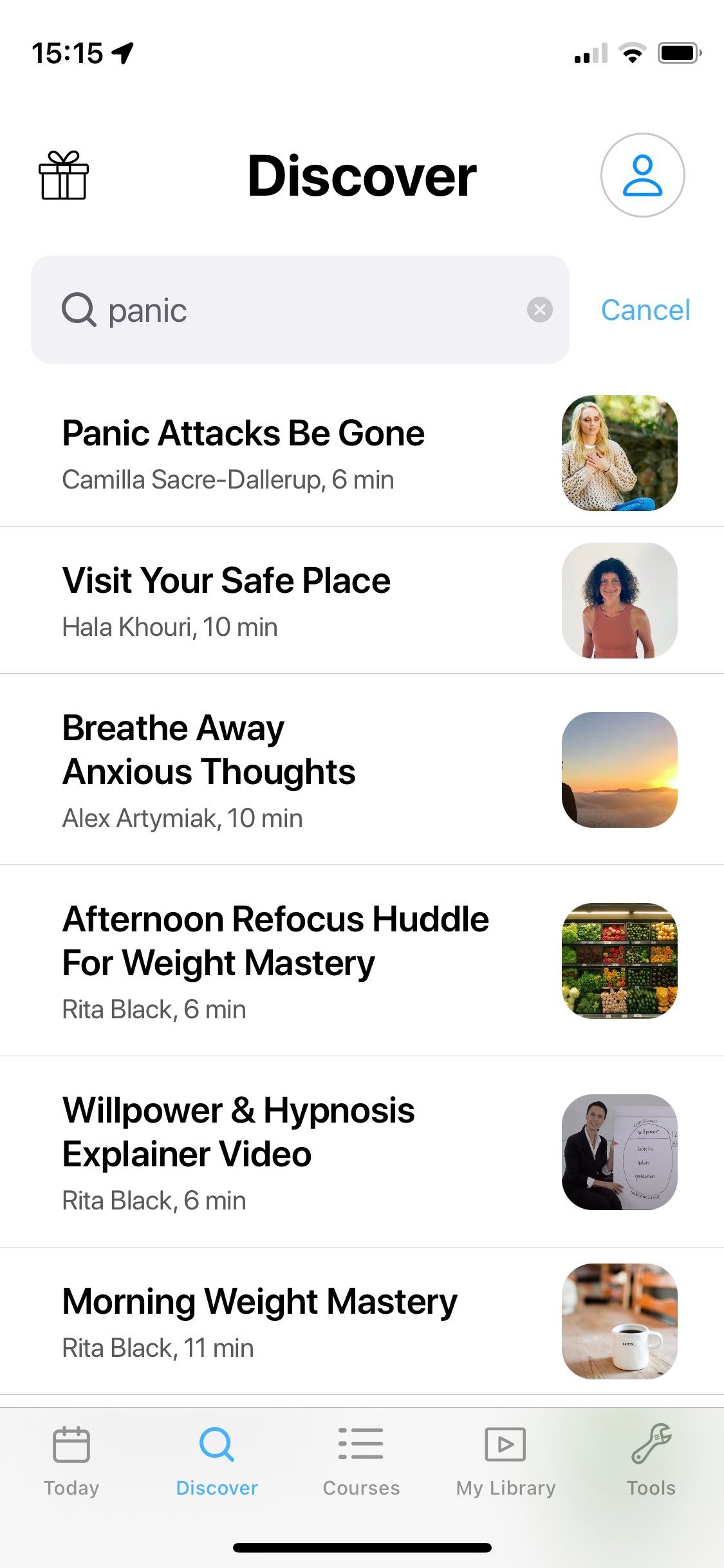 Screenshot of Unplug app showing samples of panic meditations