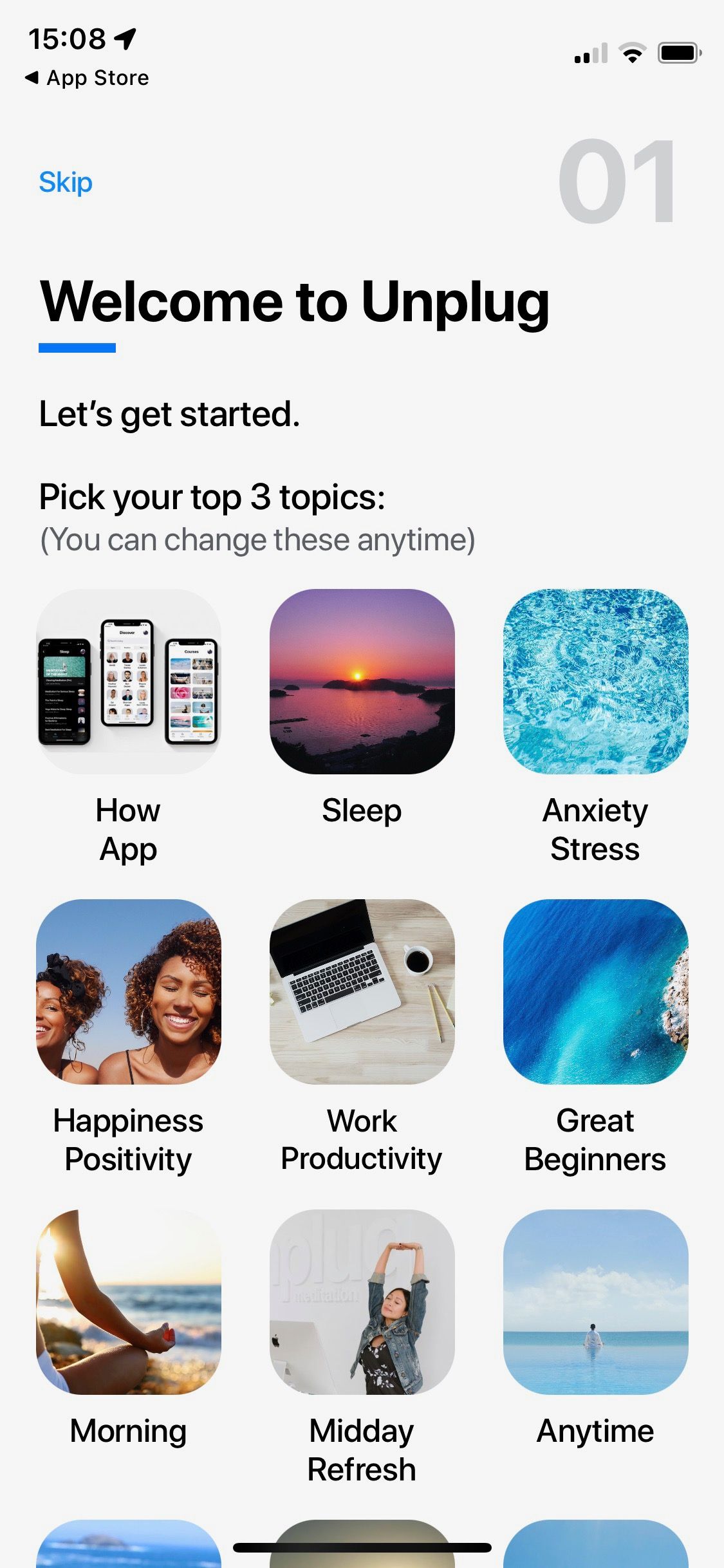 Screenshot of Unplug app showing welcome screen