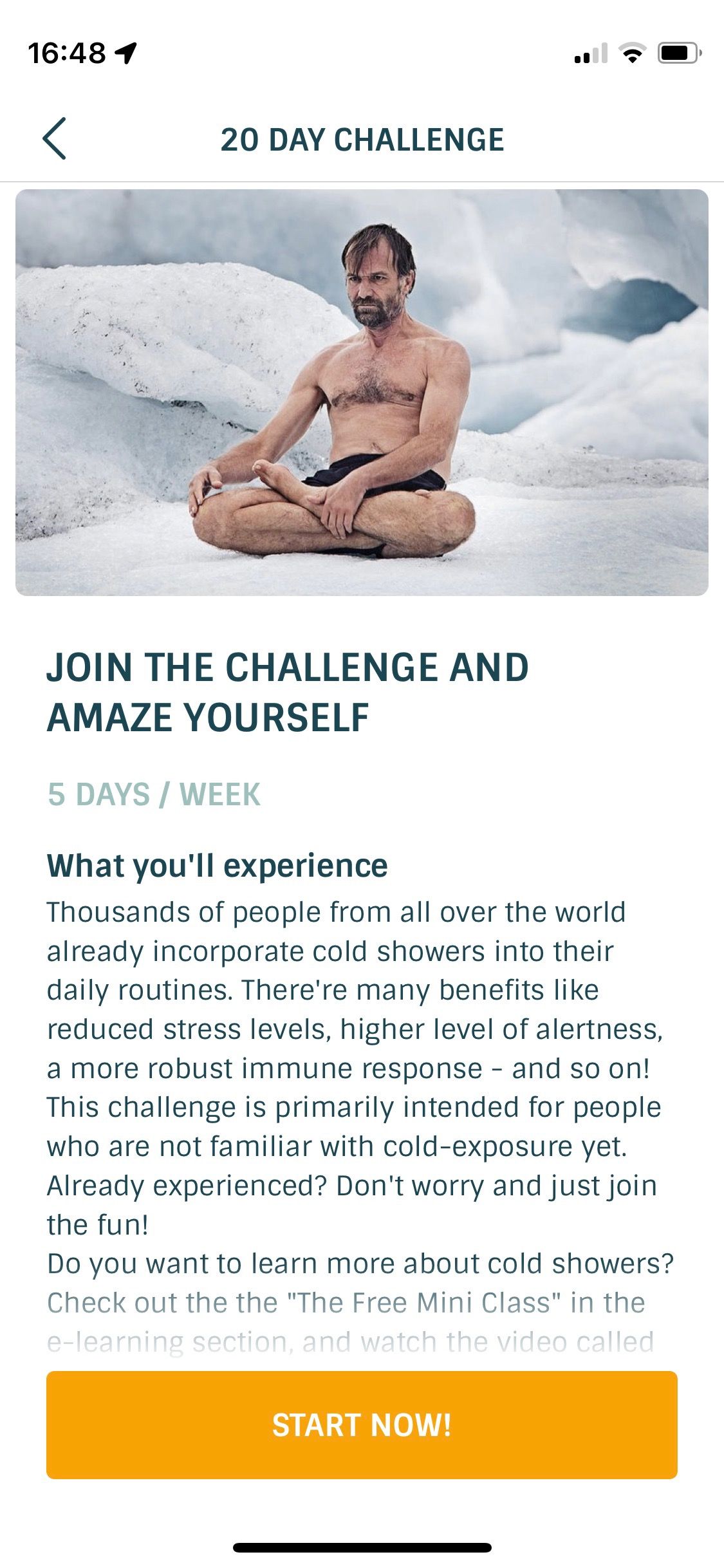 Screenshot of Wim Hof Method app showing 20 day challenge benefits