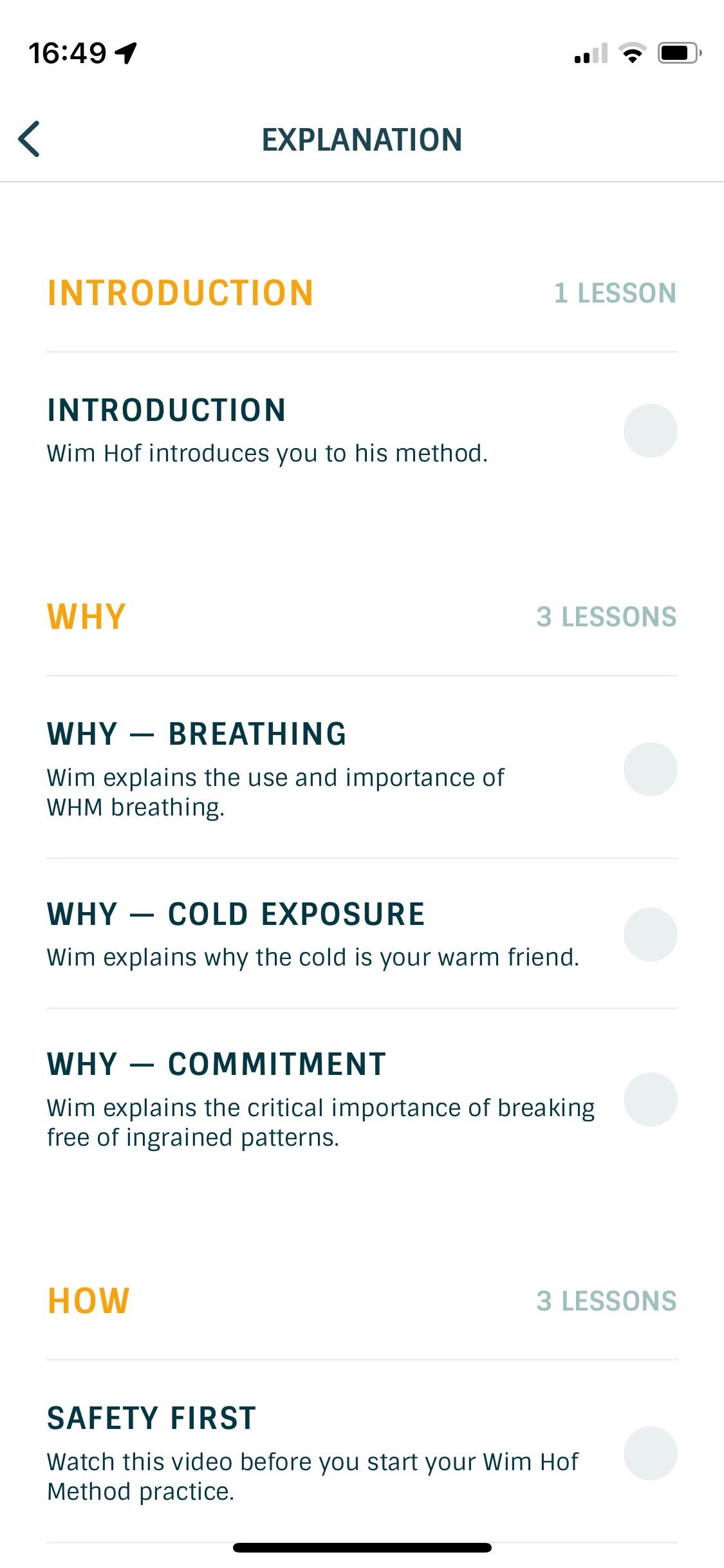 Screenshot of Wim Hof Method app showing benefits explanation videos
