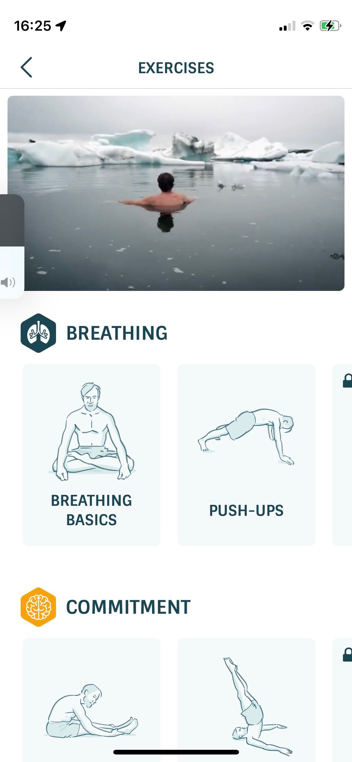 Screenshot of Wim Hof Method app showing breathing and commitment pillars