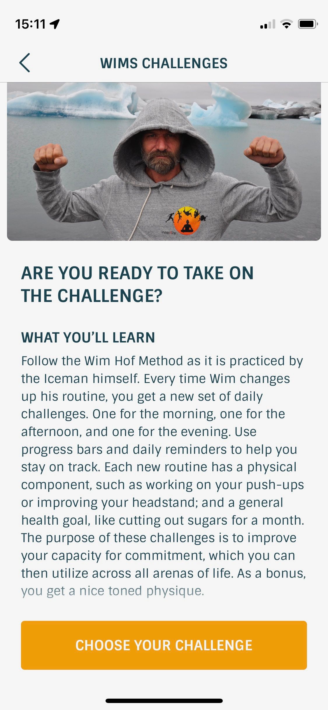 Screenshot of Wim Hof Method app showing challenge selection screen