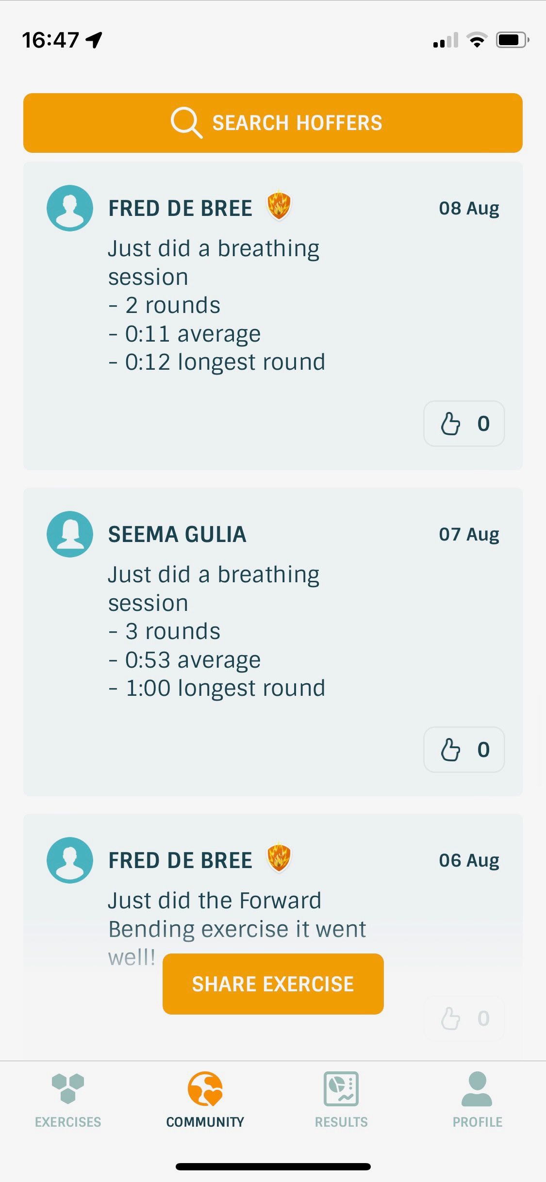 Screenshot of Wim Hof Method app showing community achievement screen