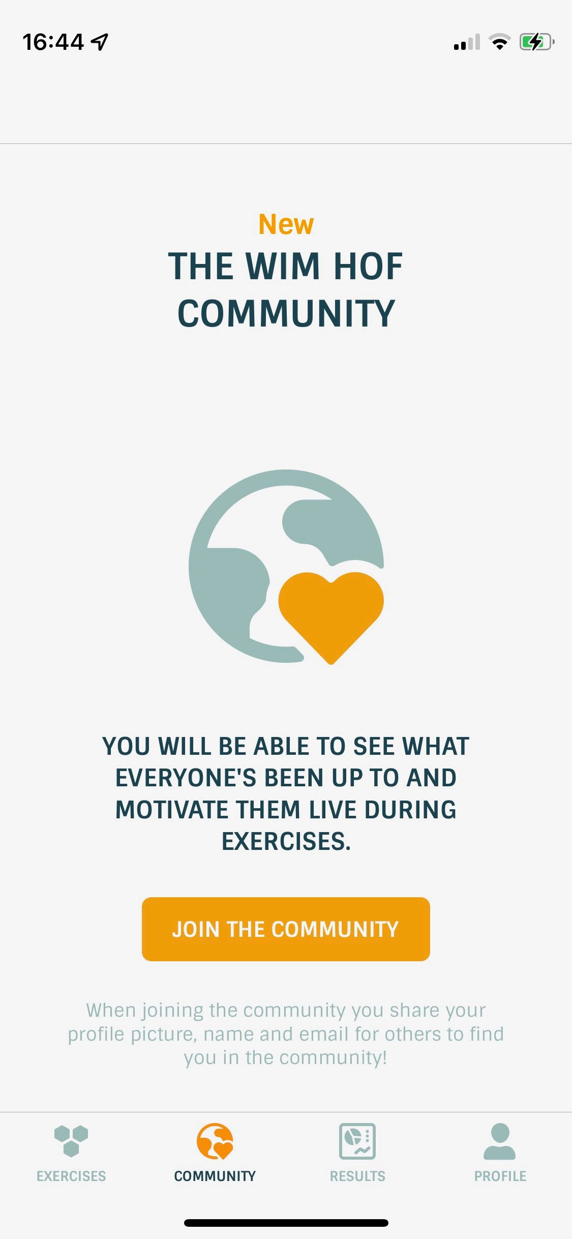 Screenshot of Wim Hof Method app showing community welcome screen