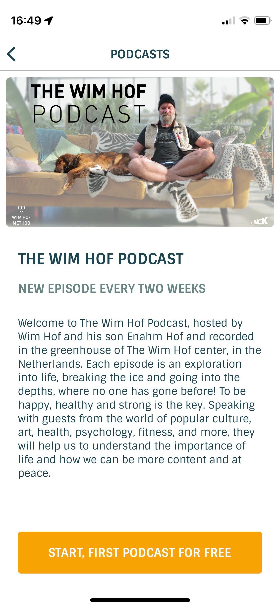 Screenshot of Wim Hof Method app showing podcast screen