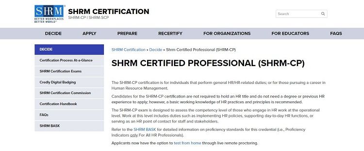 Screenshot of page for SHRM Certified Professional