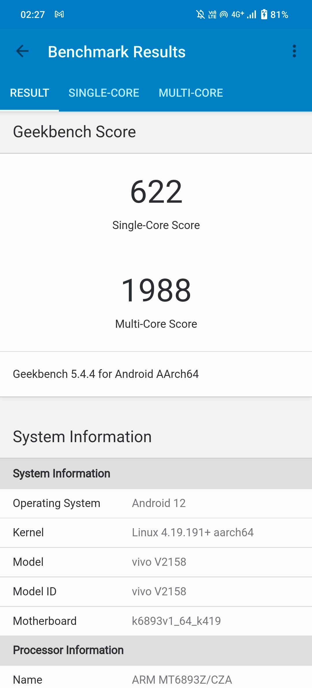 اسکرین شات Geekbench 5 برای vivo V25 Pro