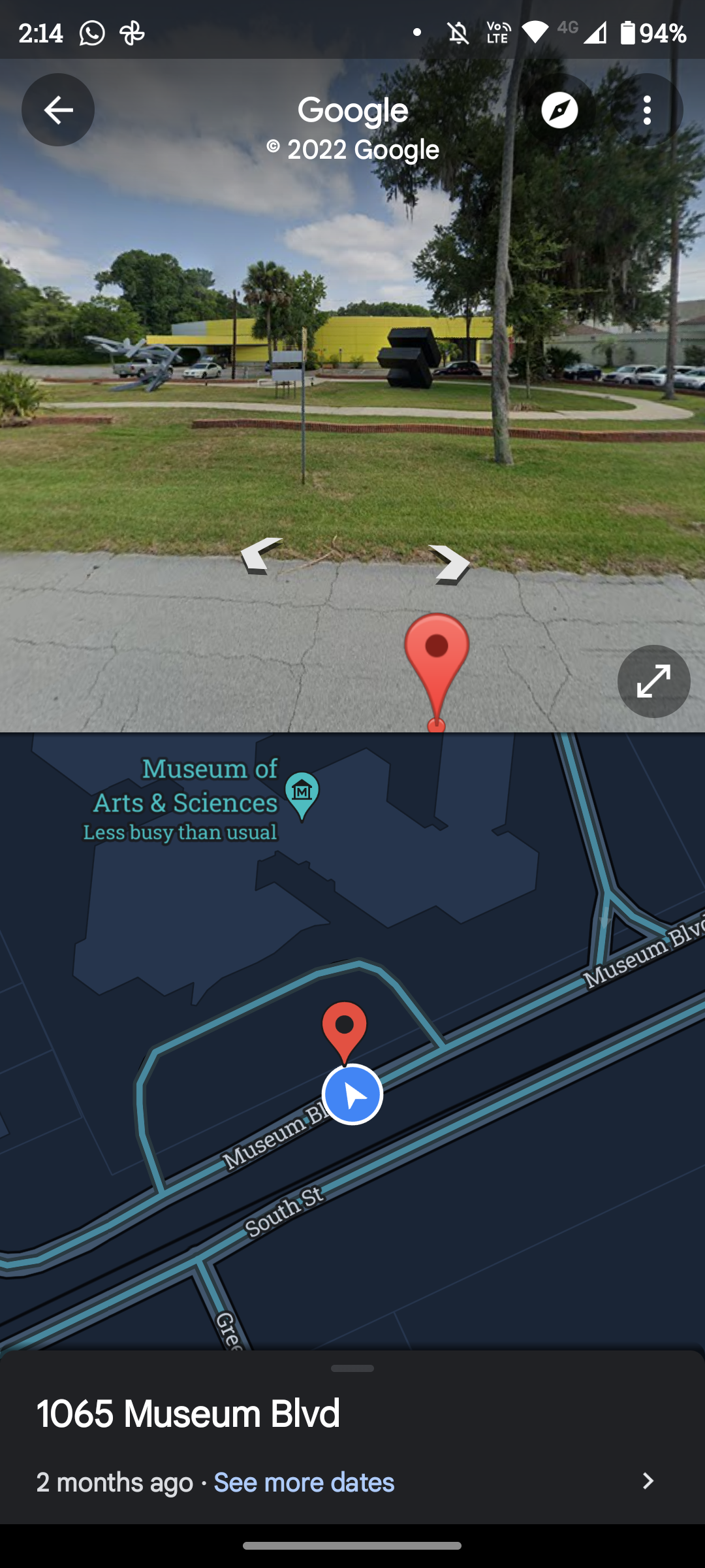 Street View at top with map and pin on bottom