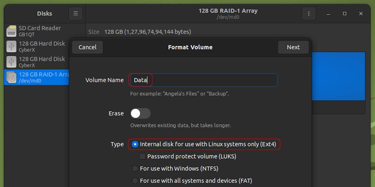Selecting the Filesystem for RAID 1 Partition