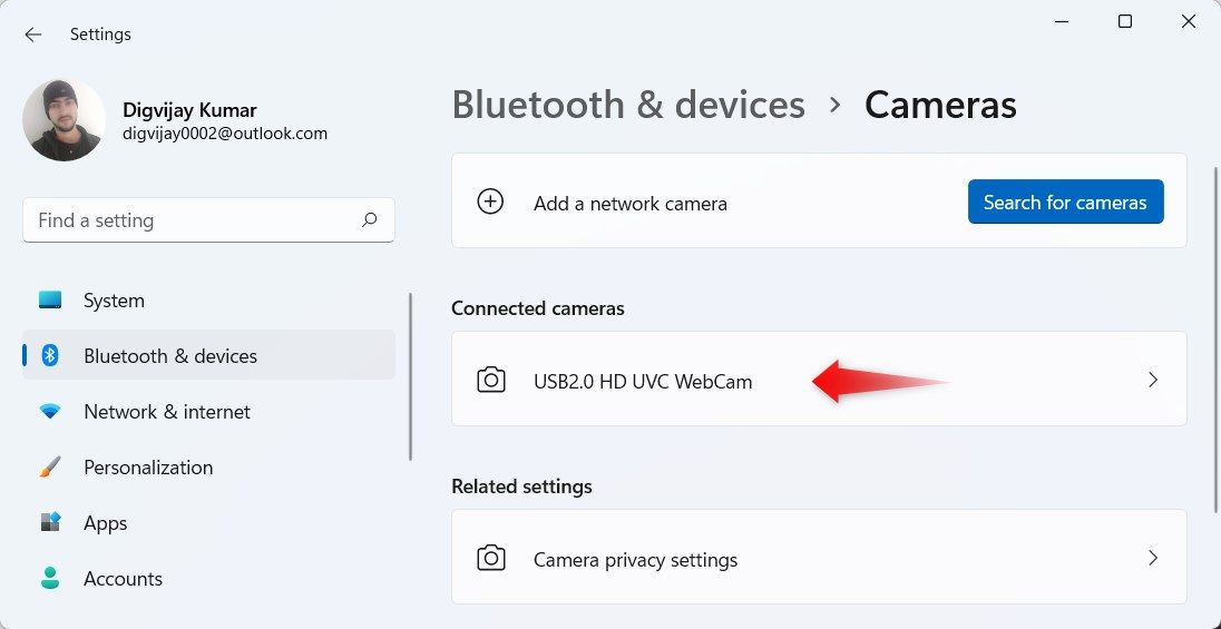Select your camera under Connected Camera
