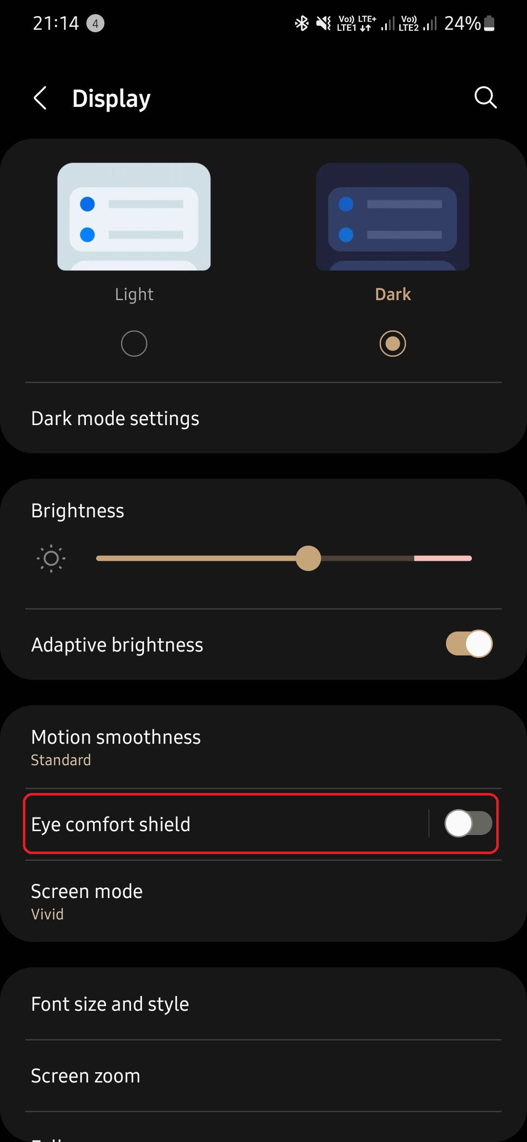 Selecting eye comfort mode under Display settings