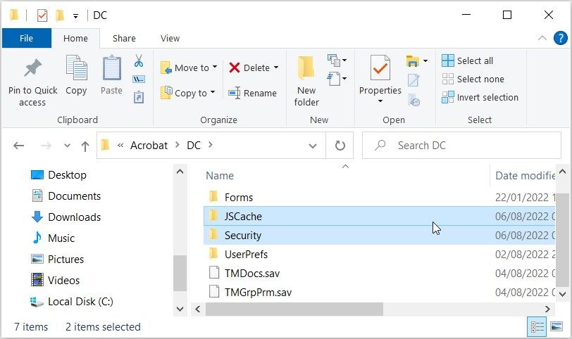 Selecting folders in the Adobe Acrobat Reader folder