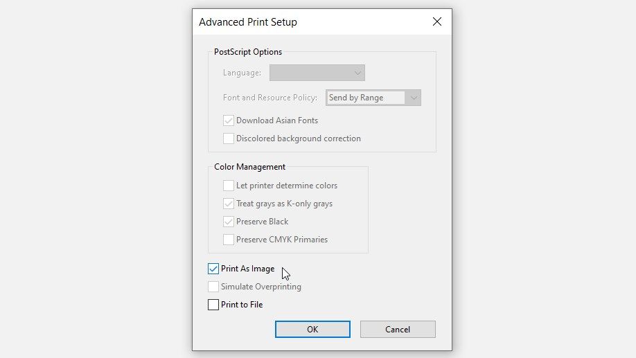 Selecting the Print as image option on Adobe Acrobat Reader