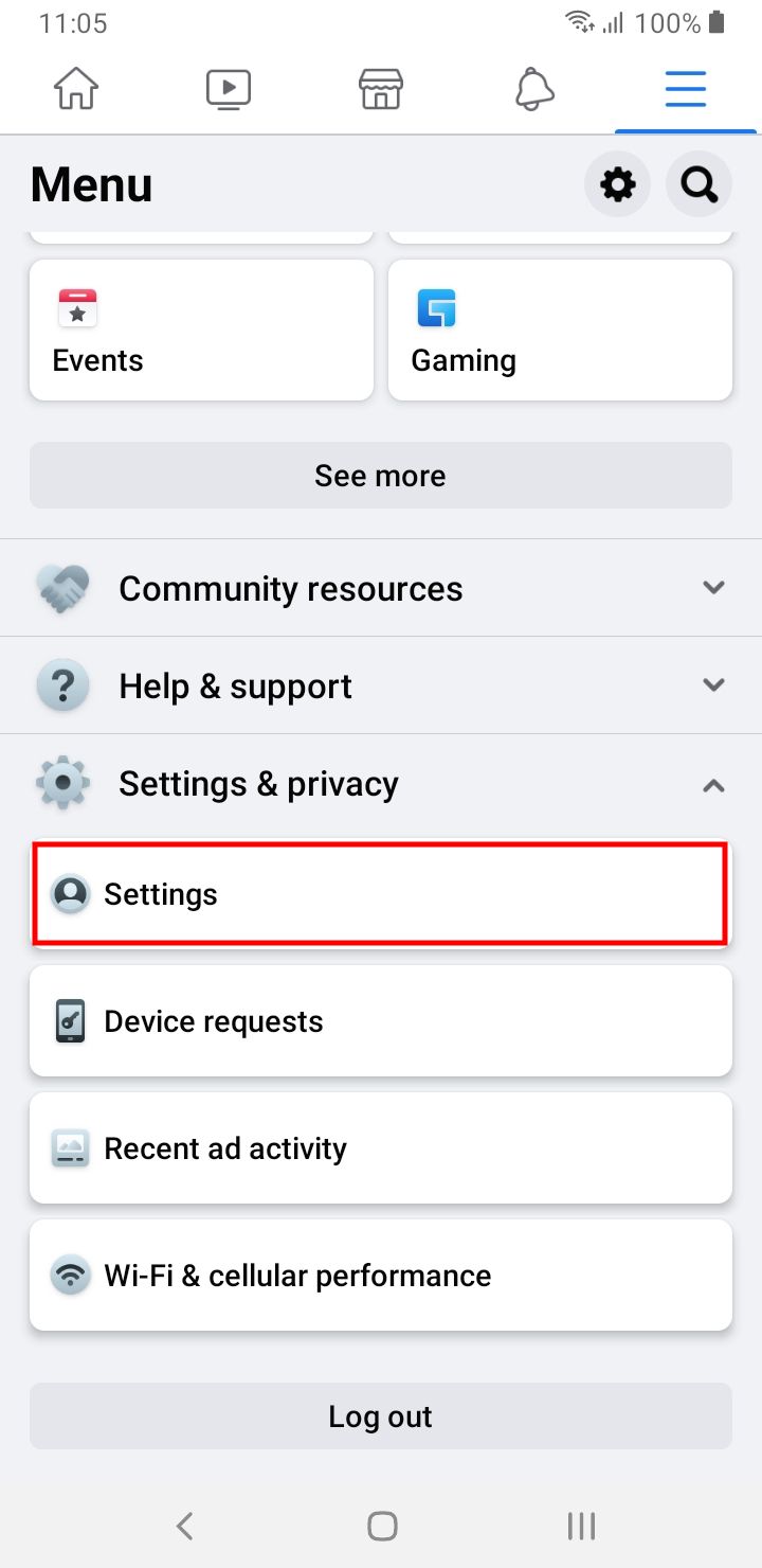 Settings Highlighted Under Settings and Privacy in the Facebook App