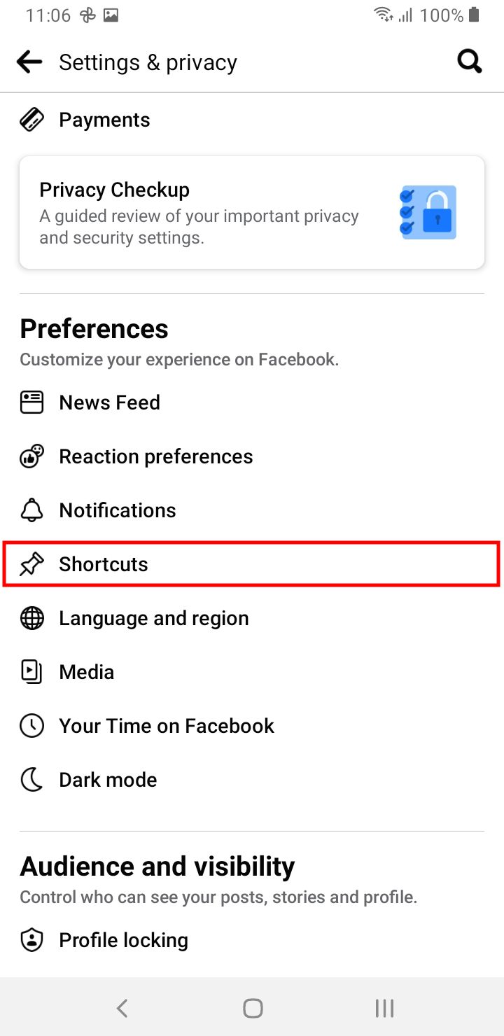 Shortcut Settings Highlighted in the Facebook App