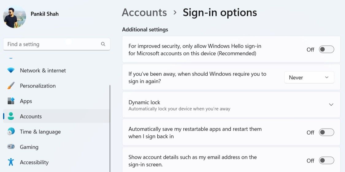 Sign-in Options in Windows Settings app