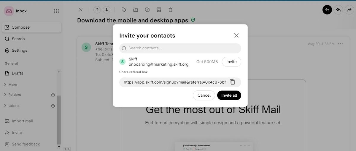 Inviting email contacts to join Skiff
