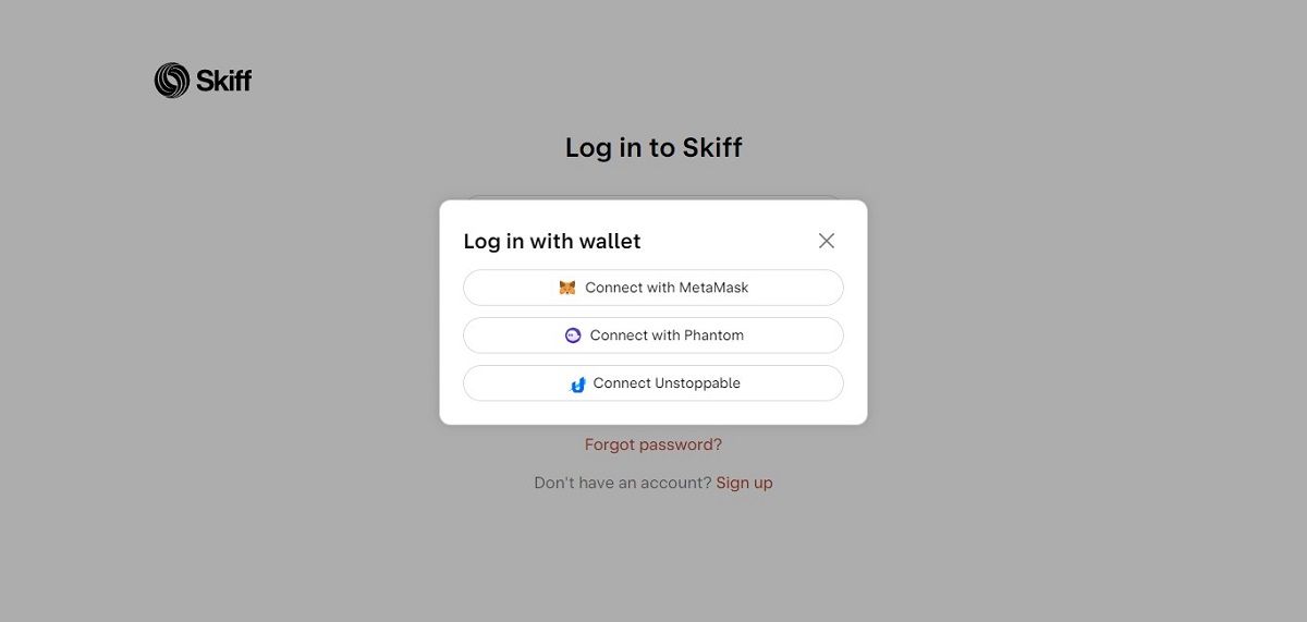 Creating a Skiff account by connecting a browser wallet