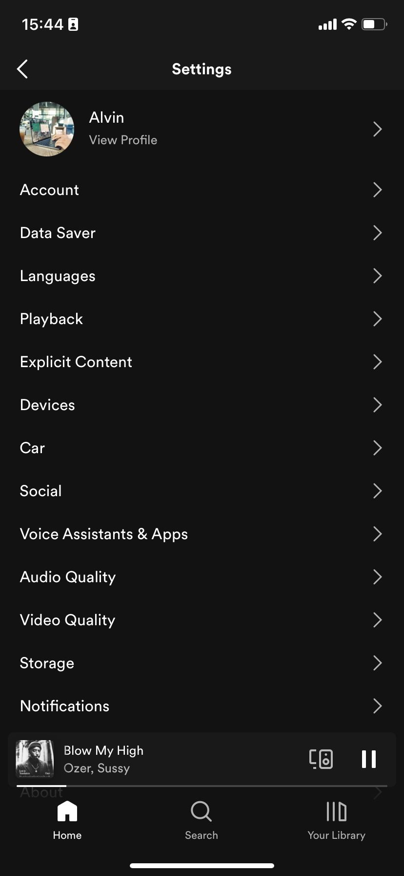 Settings page on Spotify mobile on iOS