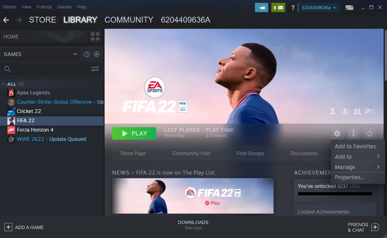 گزینه Steam Properties برای FIFA 22