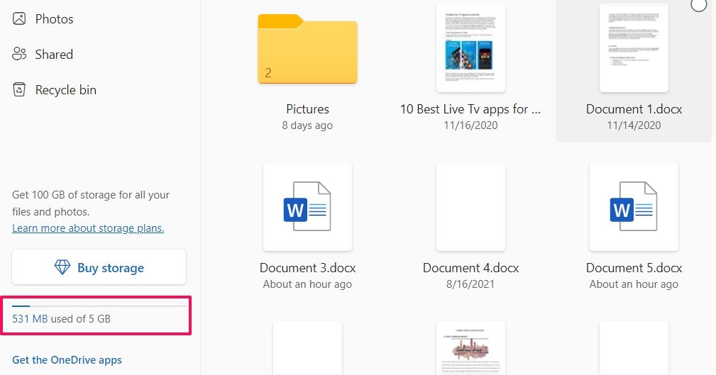 Available Storage of OneDrive