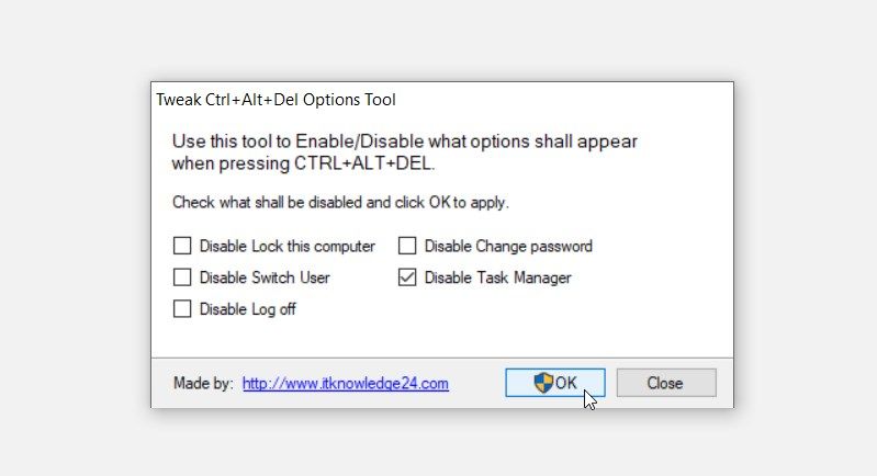 ابزار "Tweak Ctrl + Alt + Del Options".