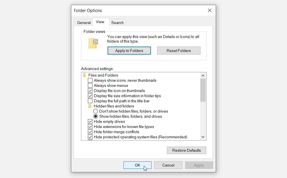 The “View” tab on the Windows Folder Options screen