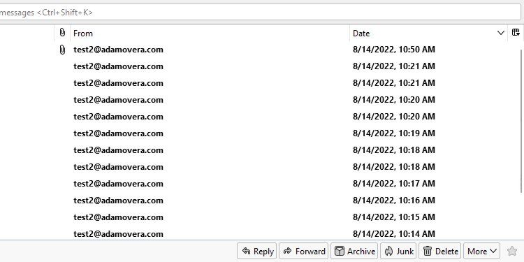 صندوق ورودی Thunderbird با ایمیل‌هایی که بر اساس تاریخ به ترتیب نزولی مرتب شده‌اند.