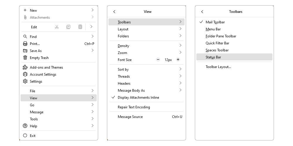 منوی اصلی Thunderbird، منوی View و منوی Toolbars.