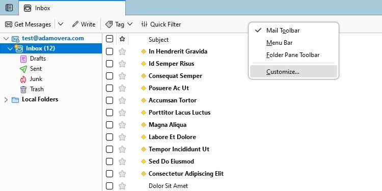 منوی Thunderbird Mail Toolbar با کلیک راست روی منوی Customize برجسته شده است.